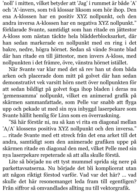 ’noll’ i mitten, vilket betyder att ’Jag’ i rummet är både ’A’ och ’A’-invers, som två klossar liksom som hör ihop. Den ena A-klossen har en positiv XYZ nollpunkt, och den andra inversa A-klossen har en negativa XYZ nollpunkt.” förklarade Svante, samtidigt som han ritade en jättestor A-kloss som nästan täckte hela blädderblocksarket, där han sedan markerade en nollpunkt med en ring i det bakre, nedre, högra hörnet. Sedan så vände Svante blad där han ritade en till jättestor, men invers A-kloss, med nollpunkten i det främre, övre, vänstra hörnet istället. När Svante var klar med det så rev han ut dom båda arken och placerade dom mitt på golvet där han sedan demonstrativt vek varsitt hörn snett över nollpunkten för att sedan bildligt på golvet foga ihop bladen i deras nu ’gemensamma’ nollpunkt, vilket en animerad grafik på skärmen sammanfattade, som Pelle var snabb att flyga upp och pekade ut med sin nya inbyggd laserpekare som Svante hållit hemlig för Linn som en överraskning. ”Så här förstår ni, nu så kan vi rita en diagonal mellan ’A/A’ klossens positiva XYZ nollpunkt och den inversa.” … ritade Svante med ett streck från det ena arket till det andra, samtidigt som den animerade grafiken uppe på skärmen ritade en diagonal den med, vilket Pelle med sin nya laserpekare repeterade så att alla skulle förstå. Lite så började nu ett tyst mummel sprida sig nere på parkettavsatserna. Nu började det bli komplicerat utan att någon riktigt förstod varför. Vad var det här? … vad skulle det här resonemanget leda fram till egentligen? Från siffror så omvandlades allting nu till vektorgrafik.