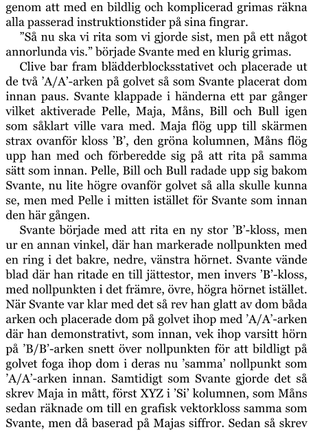 genom att med en bildlig och komplicerad grimas räkna alla passerad instruktionstider på sina fingrar. ”Så nu ska vi rita som vi gjorde sist, men på ett något annorlunda vis.” började Svante med en klurig grimas. Clive bar fram blädderblocksstativet och placerade ut de två ’A/A’-arken på golvet så som Svante placerat dom innan paus. Svante klappade i händerna ett par gånger vilket aktiverade Pelle, Maja, Måns, Bill och Bull igen som såklart ville vara med. Maja flög upp till skärmen strax ovanför kloss ’B’, den gröna kolumnen, Måns flög upp han med och förberedde sig på att rita på samma sätt som innan. Pelle, Bill och Bull radade upp sig bakom Svante, nu lite högre ovanför golvet så alla skulle kunna se, men med Pelle i mitten istället för Svante som innan den här gången. Svante började med att rita en ny stor ’B’-kloss, men ur en annan vinkel, där han markerade nollpunkten med en ring i det bakre, nedre, vänstra hörnet. Svante vände blad där han ritade en till jättestor, men invers ’B’-kloss, med nollpunkten i det främre, övre, högra hörnet istället. När Svante var klar med det så rev han glatt av dom båda arken och placerade dom på golvet ihop med ’A/A’-arken där han demonstrativt, som innan, vek ihop varsitt hörn på ’B/B’-arken snett över nollpunkten för att bildligt på golvet foga ihop dom i deras nu ’samma’ nollpunkt som ’A/A’-arken innan. Samtidigt som Svante gjorde det så skrev Maja in mått, först XYZ i ’Si’ kolumnen, som Måns sedan räknade om till en grafisk vektorkloss samma som Svante, men då baserad på Majas siffror. Sedan så skrev