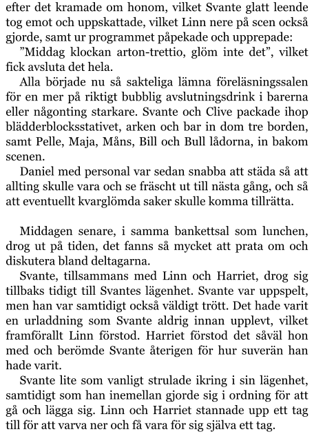 efter det kramade om honom, vilket Svante glatt leende tog emot och uppskattade, vilket Linn nere på scen också gjorde, samt ur programmet påpekade och upprepade: ”Middag klockan arton-trettio, glöm inte det”, vilket fick avsluta det hela. Alla började nu så sakteliga lämna föreläsningssalen för en mer på riktigt bubblig avslutningsdrink i barerna eller någonting starkare. Svante och Clive packade ihop blädderblocksstativet, arken och bar in dom tre borden, samt Pelle, Maja, Måns, Bill och Bull lådorna, in bakom scenen. Daniel med personal var sedan snabba att städa så att allting skulle vara och se fräscht ut till nästa gång, och så att eventuellt kvarglömda saker skulle komma tillrätta.  Middagen senare, i samma bankettsal som lunchen, drog ut på tiden, det fanns så mycket att prata om och diskutera bland deltagarna. Svante, tillsammans med Linn och Harriet, drog sig tillbaks tidigt till Svantes lägenhet. Svante var uppspelt, men han var samtidigt också väldigt trött. Det hade varit en urladdning som Svante aldrig innan upplevt, vilket framförallt Linn förstod. Harriet förstod det såväl hon med och berömde Svante återigen för hur suverän han hade varit. Svante lite som vanligt strulade ikring i sin lägenhet, samtidigt som han inemellan gjorde sig i ordning för att gå och lägga sig. Linn och Harriet stannade upp ett tag till för att varva ner och få vara för sig själva ett tag.