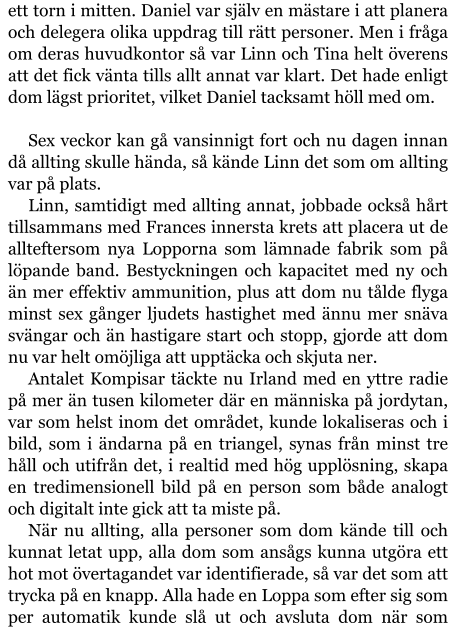 ett torn i mitten. Daniel var själv en mästare i att planera och delegera olika uppdrag till rätt personer. Men i fråga om deras huvudkontor så var Linn och Tina helt överens att det fick vänta tills allt annat var klart. Det hade enligt dom lägst prioritet, vilket Daniel tacksamt höll med om.  Sex veckor kan gå vansinnigt fort och nu dagen innan då allting skulle hända, så kände Linn det som om allting var på plats. Linn, samtidigt med allting annat, jobbade också hårt tillsammans med Frances innersta krets att placera ut de allteftersom nya Lopporna som lämnade fabrik som på löpande band. Bestyckningen och kapacitet med ny och än mer effektiv ammunition, plus att dom nu tålde flyga minst sex gånger ljudets hastighet med ännu mer snäva svängar och än hastigare start och stopp, gjorde att dom nu var helt omöjliga att upptäcka och skjuta ner. Antalet Kompisar täckte nu Irland med en yttre radie på mer än tusen kilometer där en människa på jordytan, var som helst inom det området, kunde lokaliseras och i bild, som i ändarna på en triangel, synas från minst tre håll och utifrån det, i realtid med hög upplösning, skapa en tredimensionell bild på en person som både analogt och digitalt inte gick att ta miste på. När nu allting, alla personer som dom kände till och kunnat letat upp, alla dom som ansågs kunna utgöra ett hot mot övertagandet var identifierade, så var det som att trycka på en knapp. Alla hade en Loppa som efter sig som per automatik kunde slå ut och avsluta dom när som