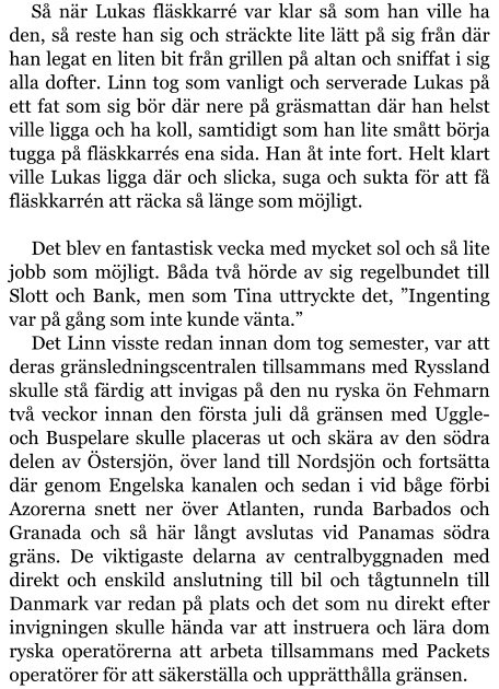 Så när Lukas fläskkarré var klar så som han ville ha den, så reste han sig och sträckte lite lätt på sig från där han legat en liten bit från grillen på altan och sniffat i sig alla dofter. Linn tog som vanligt och serverade Lukas på ett fat som sig bör där nere på gräsmattan där han helst ville ligga och ha koll, samtidigt som han lite smått börja tugga på fläskkarrés ena sida. Han åt inte fort. Helt klart ville Lukas ligga där och slicka, suga och sukta för att få fläskkarrén att räcka så länge som möjligt.  Det blev en fantastisk vecka med mycket sol och så lite jobb som möjligt. Båda två hörde av sig regelbundet till Slott och Bank, men som Tina uttryckte det, ”Ingenting var på gång som inte kunde vänta.” Det Linn visste redan innan dom tog semester, var att deras gränsledningscentralen tillsammans med Ryssland skulle stå färdig att invigas på den nu ryska ön Fehmarn två veckor innan den första juli då gränsen med Uggle- och Buspelare skulle placeras ut och skära av den södra delen av Östersjön, över land till Nordsjön och fortsätta där genom Engelska kanalen och sedan i vid båge förbi Azorerna snett ner över Atlanten, runda Barbados och Granada och så här långt avslutas vid Panamas södra gräns. De viktigaste delarna av centralbyggnaden med direkt och enskild anslutning till bil och tågtunneln till Danmark var redan på plats och det som nu direkt efter invigningen skulle hända var att instruera och lära dom ryska operatörerna att arbeta tillsammans med Packets operatörer för att säkerställa och upprätthålla gränsen.