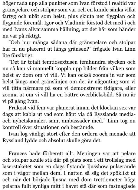 höger rada upp alla punkter som Ivan förstod i realtid var gränspelare och stolpar som var och en kunde sänka vilka fartyg och ubåt som helst, plus skjuta ner flygplan och flygande föremål. Igor och Vladimir förstod det med i och med Ivans allvarsamma hållning, att det här som händer nu var på riktigt. ”Och hur många sådana där gränspelare och stolpar har ni nu placerat ut längs gränsen?” frågade Ivan Linn lite försiktigt. ”Det är totalt femtiosextusen femhundra stycken och nu så kan vi manuellt koppla upp bilder från vilken som helst av dom om vi vill. Vi kan också zooma in var som helst längs med gränslinjen om det är någonting som vi vill titta närmare på som vi demonstrerat tidigare, eller zooma ut om vi vill ha en bättre överblicksbild. Så nu är vi på gång Ivan. Frukost vid fem var planerat innan det klockan sex var dags att kabla ut vad som hänt via då Rysslands media- och nyhetskanaler, samt ambassader med.” Linn tog nu kontroll över situationen och bestämde. Ivan log vänligt stort efter den ordern och menade att Ryssland lydde och absolut skulle göra det.  Frances hade förberett allt. Meningen var att pelare och stolpar skulle stå där på plats som i ett trollslag med laserstaketet som en slags flytande ljusshow pulserande som i vågor mellan dem. I natten så såg det spöklikt ut och när det började ljusna med dom trettiometer höga pelarna fullt synliga mitt i havet stå där som fastnaglade