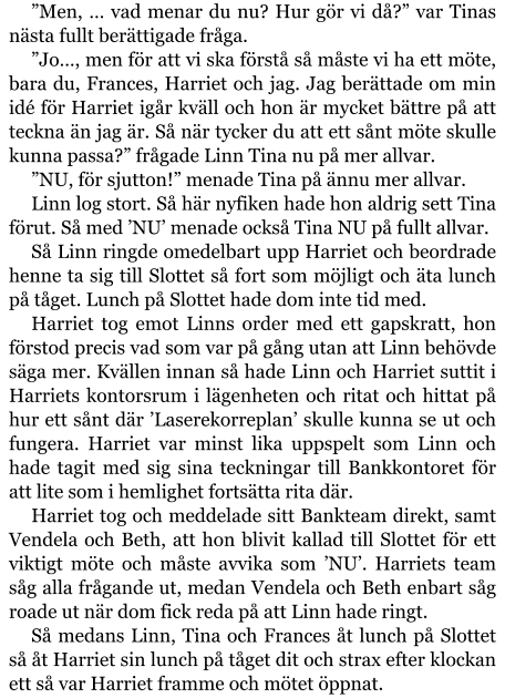 ”Men, … vad menar du nu? Hur gör vi då?” var Tinas nästa fullt berättigade fråga. ”Jo…, men för att vi ska förstå så måste vi ha ett möte, bara du, Frances, Harriet och jag. Jag berättade om min idé för Harriet igår kväll och hon är mycket bättre på att teckna än jag är. Så när tycker du att ett sånt möte skulle kunna passa?” frågade Linn Tina nu på mer allvar. ”NU, för sjutton!” menade Tina på ännu mer allvar. Linn log stort. Så här nyfiken hade hon aldrig sett Tina förut. Så med ’NU’ menade också Tina NU på fullt allvar. Så Linn ringde omedelbart upp Harriet och beordrade henne ta sig till Slottet så fort som möjligt och äta lunch på tåget. Lunch på Slottet hade dom inte tid med. Harriet tog emot Linns order med ett gapskratt, hon förstod precis vad som var på gång utan att Linn behövde säga mer. Kvällen innan så hade Linn och Harriet suttit i Harriets kontorsrum i lägenheten och ritat och hittat på hur ett sånt där ’Laserekorreplan’ skulle kunna se ut och fungera. Harriet var minst lika uppspelt som Linn och hade tagit med sig sina teckningar till Bankkontoret för att lite som i hemlighet fortsätta rita där. Harriet tog och meddelade sitt Bankteam direkt, samt Vendela och Beth, att hon blivit kallad till Slottet för ett viktigt möte och måste avvika som ’NU’. Harriets team såg alla frågande ut, medan Vendela och Beth enbart såg roade ut när dom fick reda på att Linn hade ringt. Så medans Linn, Tina och Frances åt lunch på Slottet så åt Harriet sin lunch på tåget dit och strax efter klockan ett så var Harriet framme och mötet öppnat.