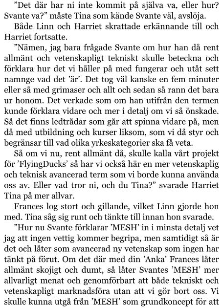 ”Det där har ni inte kommit på själva va, eller hur? Svante va?” måste Tina som kände Svante väl, avslöja. Både Linn och Harriet skrattade erkännande till och Harriet fortsatte. ”Nämen, jag bara frågade Svante om hur han då rent allmänt och vetenskapligt tekniskt skulle beteckna och förklara hur det vi håller på med fungerar och utåt sett namnge vad det ’är’. Det tog väl kanske en fem minuter eller så med grimaser och allt och sedan så rann det bara ur honom. Det verkade som om han utifrån den termen kunde förklara vidare och mer i detalj om vi så önskade. Så det finns ledtrådar som går att spinna vidare på, men då med utbildning och kurser liksom, som vi då styr och begränsar till vad olika yrkeskategorier ska få veta. Så om vi nu, rent allmänt då, skulle kalla vårt projekt för ’FlyingDucks’ så har vi också här en mer vetenskaplig och teknisk avancerad term som vi borde kunna använda oss av. Eller vad tror ni, och du Tina?” svarade Harriet Tina på mer allvar. Frances log stort och gillande, vilket Linn gjorde hon med. Tina såg sig runt och tänkte till innan hon svarade. ”Hur nu Svante förklarar ’MESH’ in i minsta detalj vet jag att ingen vettig kommer begripa, men samtidigt så är det och låter som avancerad ny vetenskap som ingen har tänkt på förut. Om det där med din ’Anka’ Frances låter allmänt skojigt och dumt, så låter Svantes ’MESH’ mer allvarligt menat och genomförbart att både tekniskt och vetenskapligt marknadsföra utan att vi gör bort oss. Vi skulle kunna utgå från ’MESH’ som grundkoncept för att