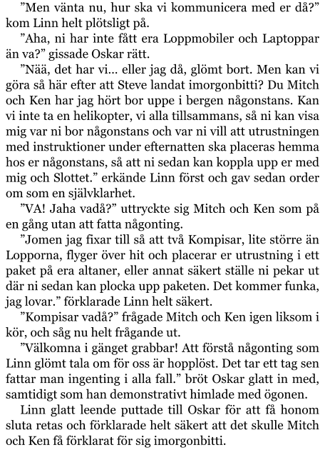 ”Men vänta nu, hur ska vi kommunicera med er då?” kom Linn helt plötsligt på. ”Aha, ni har inte fått era Loppmobiler och Laptoppar än va?” gissade Oskar rätt. ”Nää, det har vi… eller jag då, glömt bort. Men kan vi göra så här efter att Steve landat imorgonbitti? Du Mitch och Ken har jag hört bor uppe i bergen någonstans. Kan vi inte ta en helikopter, vi alla tillsammans, så ni kan visa mig var ni bor någonstans och var ni vill att utrustningen med instruktioner under efternatten ska placeras hemma hos er någonstans, så att ni sedan kan koppla upp er med mig och Slottet.” erkände Linn först och gav sedan order om som en självklarhet. ”VA! Jaha vadå?” uttryckte sig Mitch och Ken som på en gång utan att fatta någonting. ”Jomen jag fixar till så att två Kompisar, lite större än Lopporna, flyger över hit och placerar er utrustning i ett paket på era altaner, eller annat säkert ställe ni pekar ut där ni sedan kan plocka upp paketen. Det kommer funka, jag lovar.” förklarade Linn helt säkert. ”Kompisar vadå?” frågade Mitch och Ken igen liksom i kör, och såg nu helt frågande ut. ”Välkomna i gänget grabbar! Att förstå någonting som Linn glömt tala om för oss är hopplöst. Det tar ett tag sen fattar man ingenting i alla fall.” bröt Oskar glatt in med, samtidigt som han demonstrativt himlade med ögonen. Linn glatt leende puttade till Oskar för att få honom sluta retas och förklarade helt säkert att det skulle Mitch och Ken få förklarat för sig imorgonbitti.