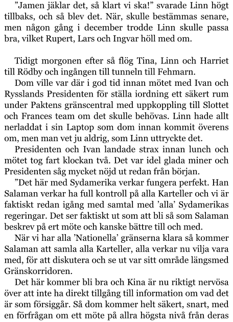 ”Jamen jäklar det, så klart vi ska!” svarade Linn högt tillbaks, och så blev det. När, skulle bestämmas senare, men någon gång i december trodde Linn skulle passa bra, vilket Rupert, Lars och Ingvar höll med om.  Tidigt morgonen efter så flög Tina, Linn och Harriet till Rödby och ingången till tunneln till Fehmarn. Dom ville var där i god tid innan mötet med Ivan och Rysslands Presidenten för ställa iordning ett säkert rum under Paktens gränscentral med uppkoppling till Slottet och Frances team om det skulle behövas. Linn hade allt nerladdat i sin Laptop som dom innan kommit överens om, men man vet ju aldrig, som Linn uttryckte det. Presidenten och Ivan landade strax innan lunch och mötet tog fart klockan två. Det var idel glada miner och Presidenten såg mycket nöjd ut redan från början. ”Det här med Sydamerika verkar fungera perfekt. Han Salaman verkar ha full kontroll på alla Karteller och vi är faktiskt redan igång med samtal med ’alla’ Sydamerikas regeringar. Det ser faktiskt ut som att bli så som Salaman beskrev på ert möte och kanske bättre till och med. När vi har alla ’Nationella’ gränserna klara så kommer Salaman att samla alla Karteller, alla verkar nu vilja vara med, för att diskutera och se ut var sitt område längsmed Gränskorridoren. Det här kommer bli bra och Kina är nu riktigt nervösa över att inte ha direkt tillgång till information om vad det är som försiggår. Så dom kommer helt säkert, snart, med en förfrågan om ett möte på allra högsta nivå från deras